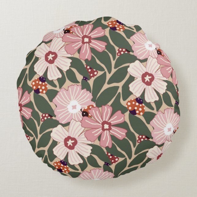 Cozy Woodland Ladybugs & Wildflower Earthy Colours Round Pillow (Back)