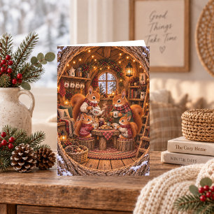 Cozy Woodland Squirrel Tea Party Illustration Holiday Card
