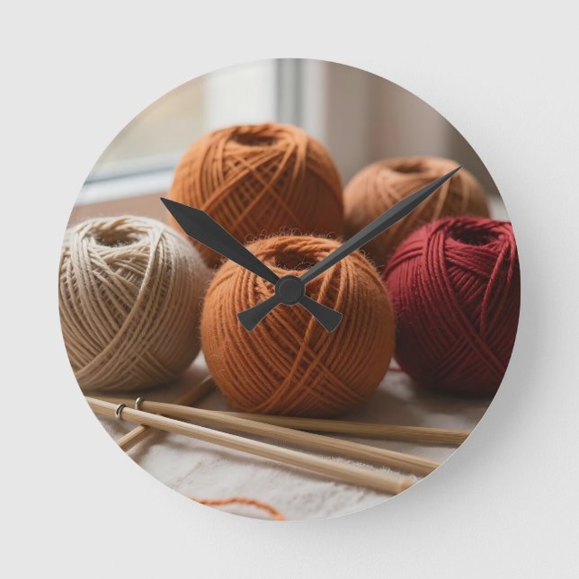 Cozy Yarn Balls Knitting Autumn Tones Round Clock (Front)