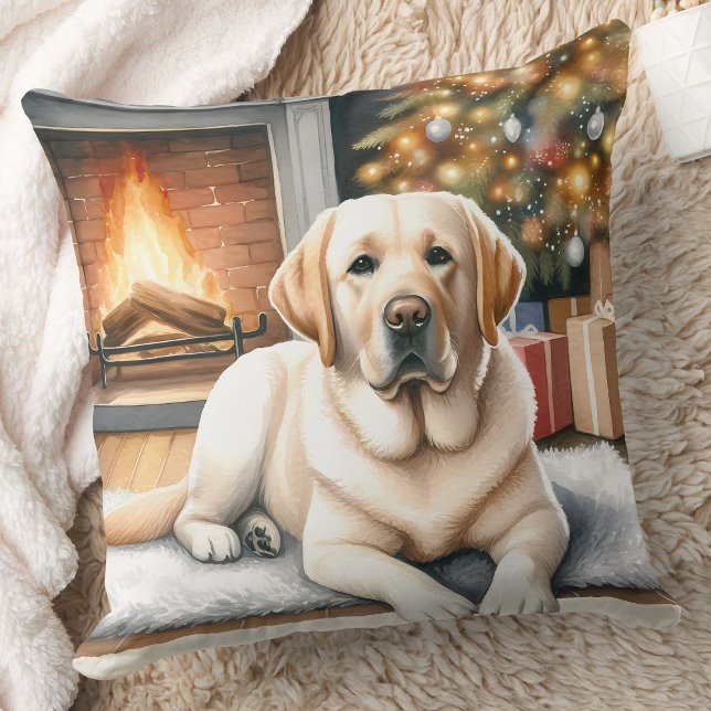Cozy Yellow Labrador Christmas Scene Dog Lover Throw Pillow (Creator Uploaded)