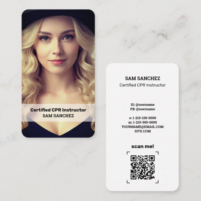 CPR Instructor Custom Photo and QR Business Card (Front/Back)