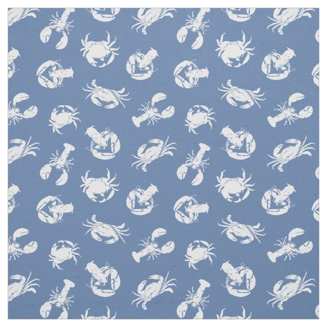 Crab and Lobster Dusty Blue White Seafood Pattern Fabric (Swatch)