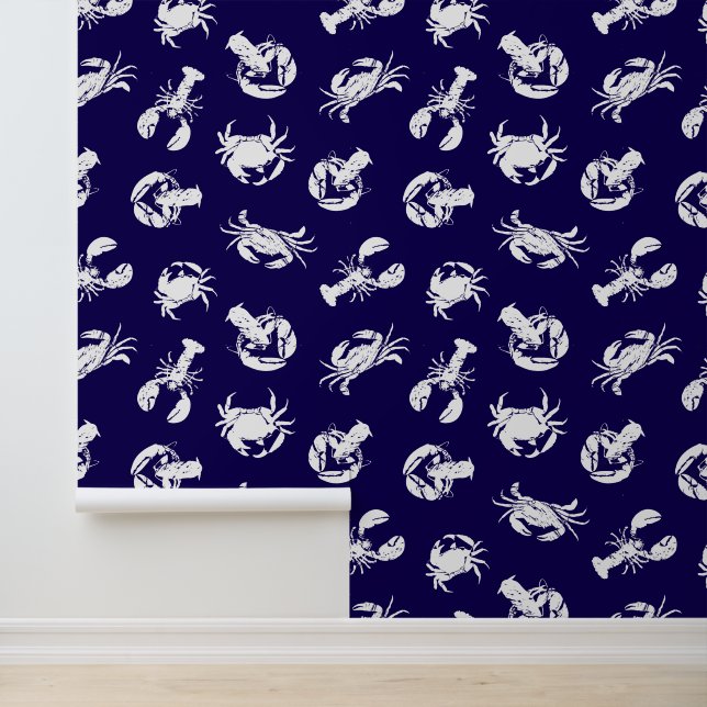 Crab and Lobster Navy Blue and White Seafood Wallpaper (Application)