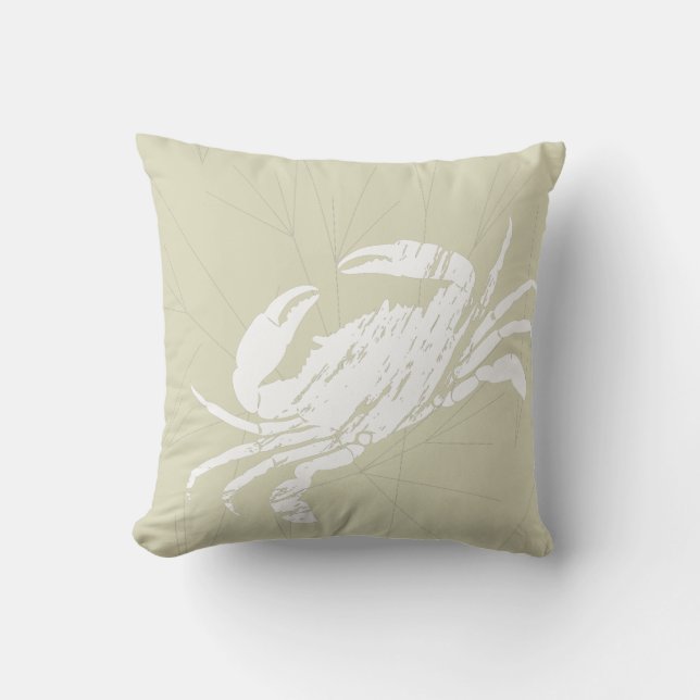 Crab and Lobster White and Sand Beige Coastal Throw Pillow (Front)
