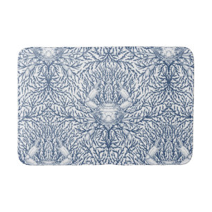 Crab and sea weed, coastal summer in white and nav bath mat