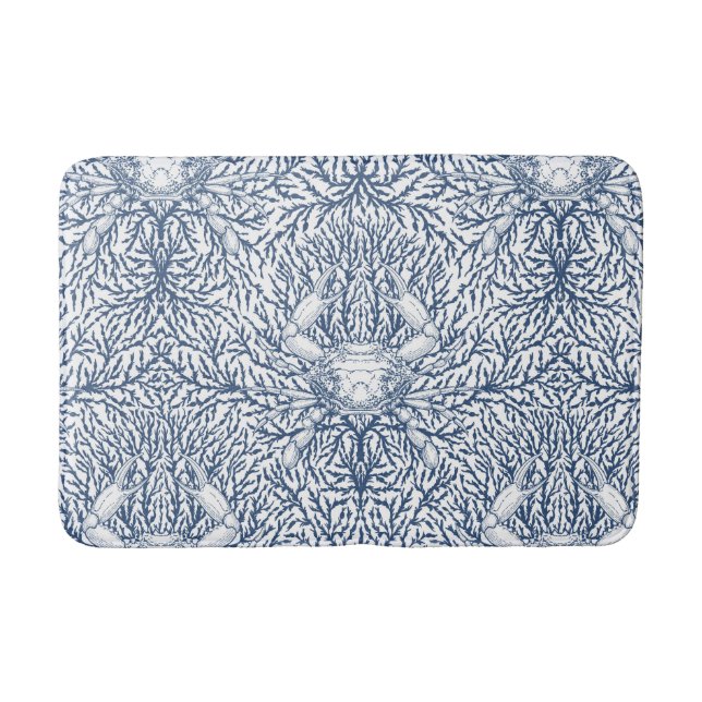 Crab and sea weed, coastal summer in white and nav bath mat (Front)