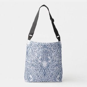 Crab and sea weed, coastal summer in white and nav crossbody bag