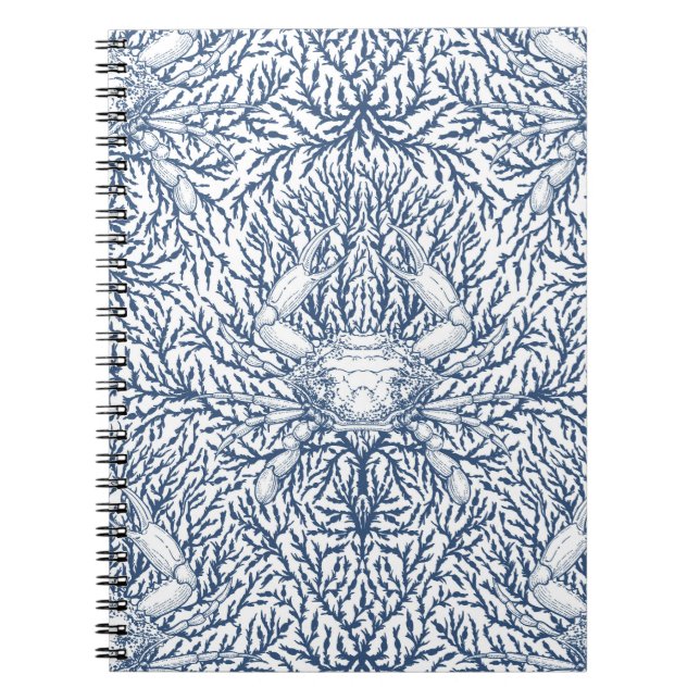 Crab and sea weed, coastal summer in white and nav notebook (Front)