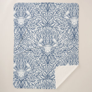 Crab and sea weed, coastal summer in white and nav sherpa blanket