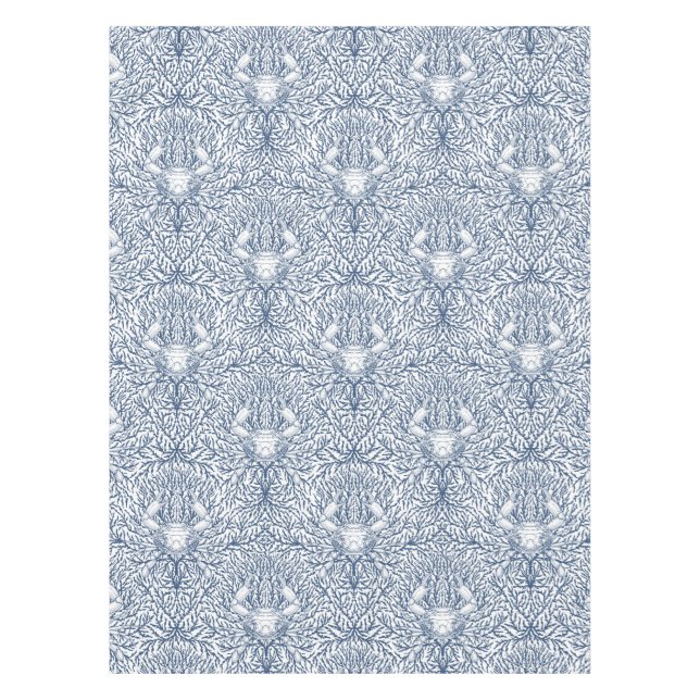 Crab and sea weed, coastal summer in white and nav tablecloth (Front)