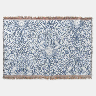 Crab and sea weed, coastal summer in white and nav throw blanket