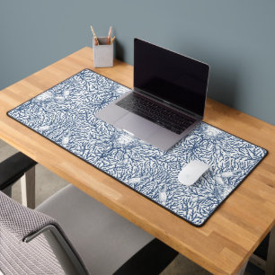 Crab and sea weed in white and navy desk mat
