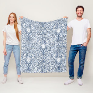 Crab and sea weed in white and navy fleece blanket