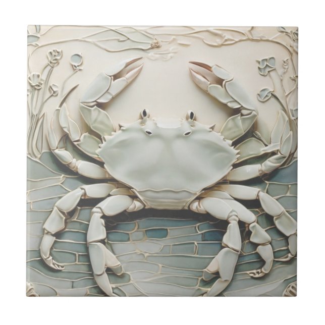 Crab Art Nouveau Faux Relief White & Mint Pastel Tile (Front)