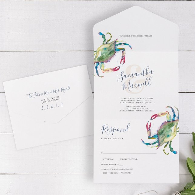 Crab Beach Wedding All In One Invitation Template (Beach wedding trifold invitation unique watercolor crab by Victoria Grigaliunas of Do Tell A Belle)