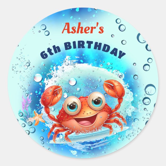 Crab Blue Birthday Pool Party Boy Custom Age Classic Round Sticker (Front)