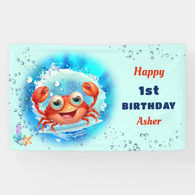 Crab Blue Boy Pool Party Summer 1st Birthday Banner (Horizontal)