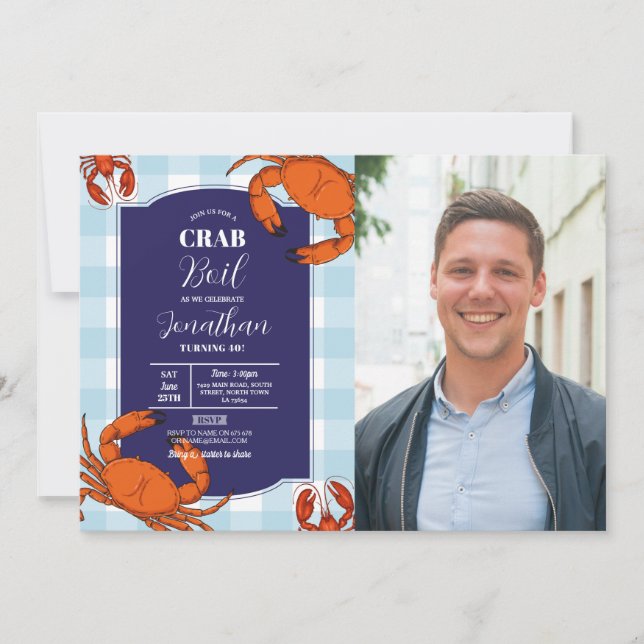 Crab Boil Birthday Party Navy Seafood Photo Invitation (Front)