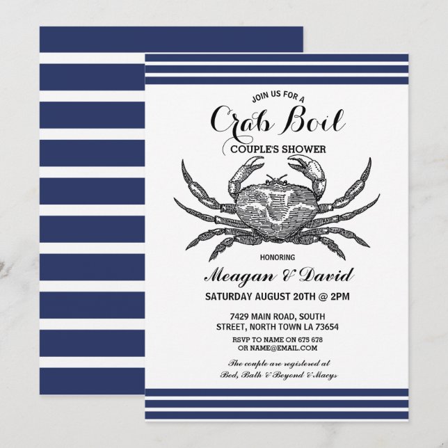 Crab Boil Engagement Party Check Blue Beach Invitation (Front/Back)