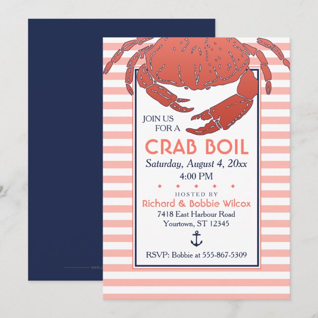 Crab Boil | Navy/Coral Striped Custom Invitation (Front/Back)