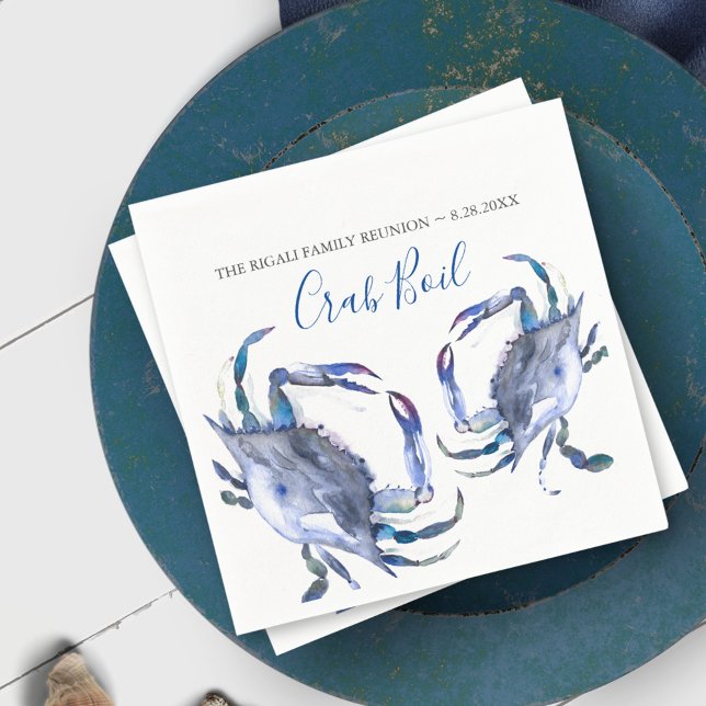 Crab Boil Personalized Coastal Watercolor Napkin (Crab napkins for seafood or ocean party theme. Original watercolor art by Victoria Grigaliunas)