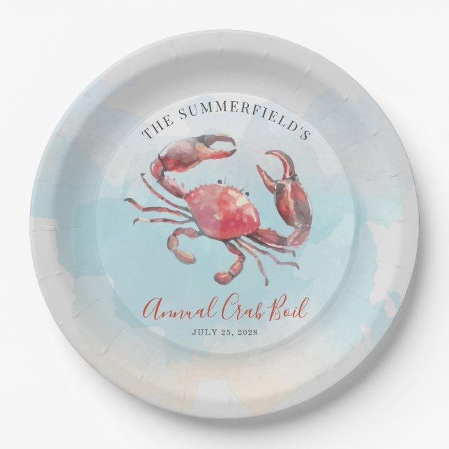 Crab Boil Seafood Summer Party Watercolor Paper Plate (Front)