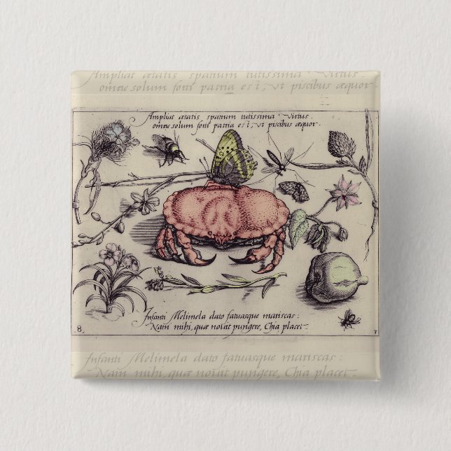 Crab Botanical Insect Flower Illustration 2 Inch Square Button (Front)