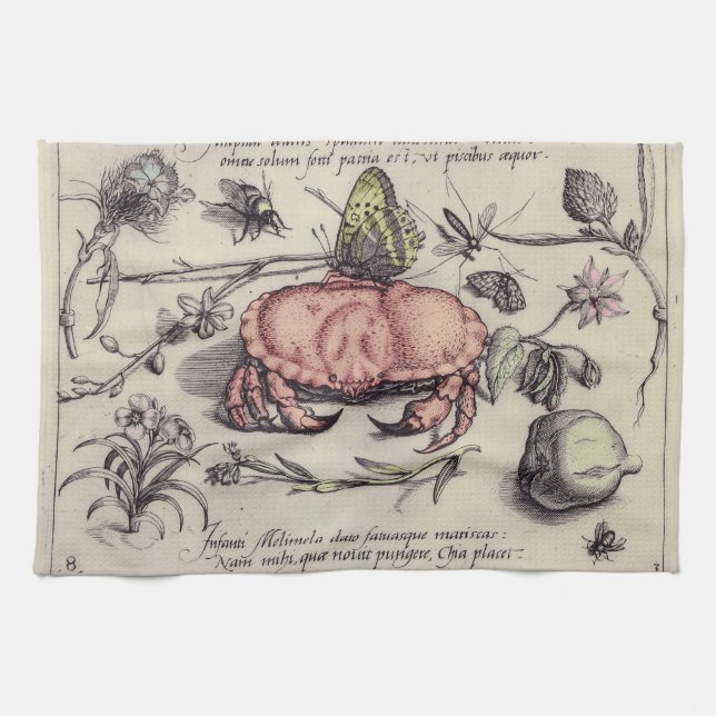 Crab Botanical Insect Flower Illustration Kitchen Towel (Horizontal)