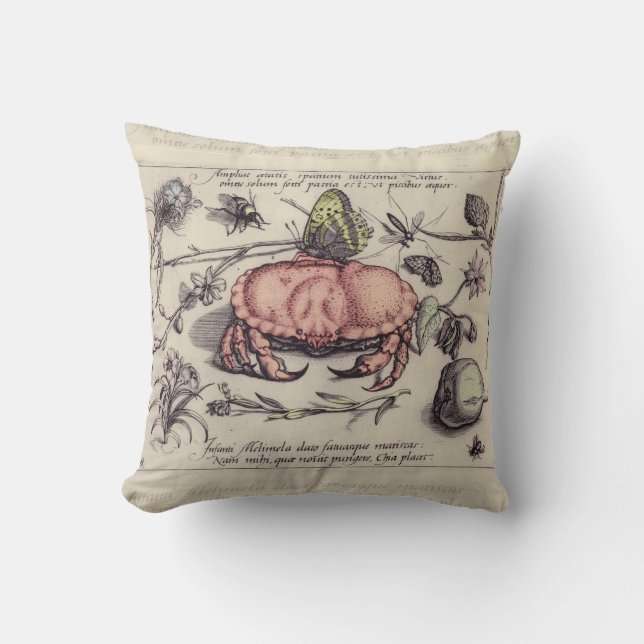 Crab Botanical Insect Flower Illustration Throw Pillow (Front)