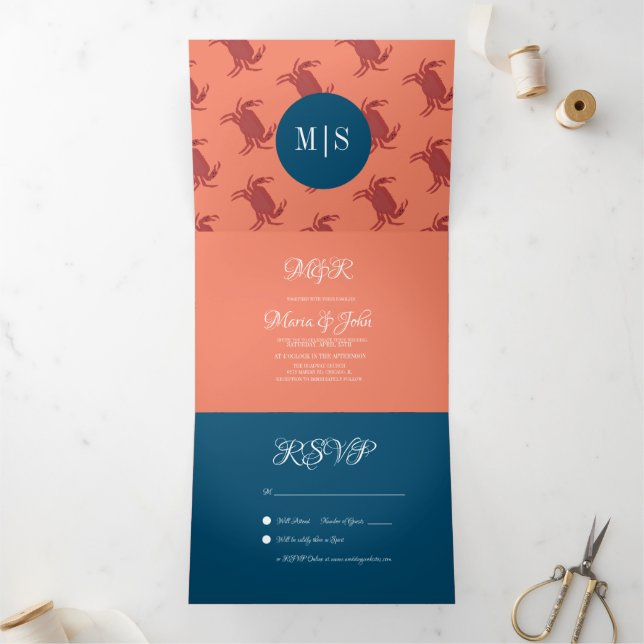 Crab Broil Boil Seafood Beach Nautical Wedding Tri-Fold Invitation (Inside)