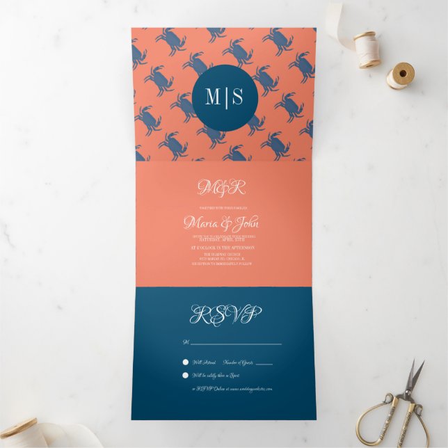Crab Broil Boil Seafood Beach Nautical Wedding Tri-Fold Invitation (Inside)