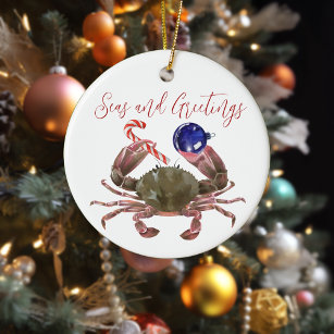 Crab Christmas Watercolor Crustacean  Ceramic Ornament