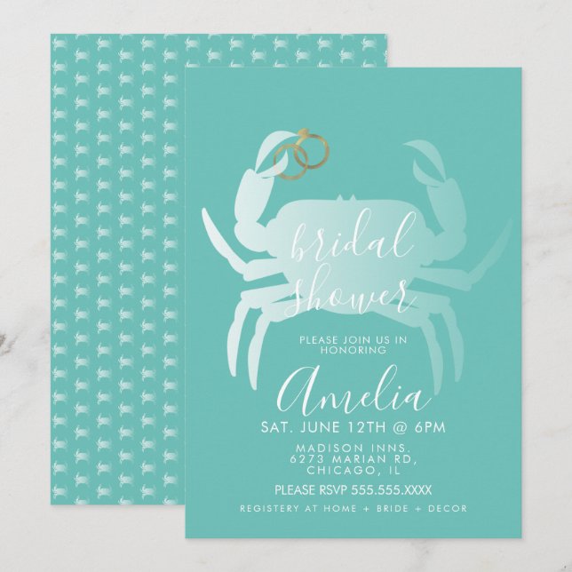 Crab Crustacean Teal Ocean Bridal Shower    Invitation (Front/Back)