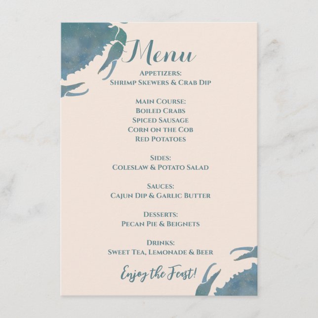 Crab Feast| Watercolor Blue Crab, Engagament Party Menu (Front)