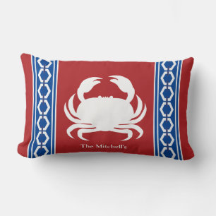 Crab Hexagon Trim Coastal Nautical Beach Boat Lumbar Pillow
