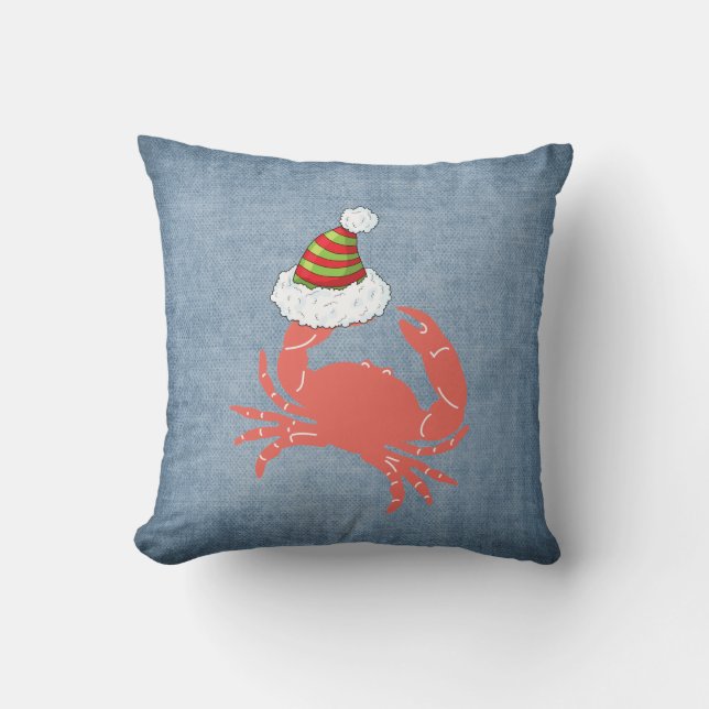 Crab holding Santa Hat Christmas Pillow (Front)