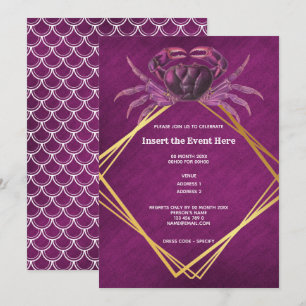Crab magenta white geometric gold glitter marine invitation