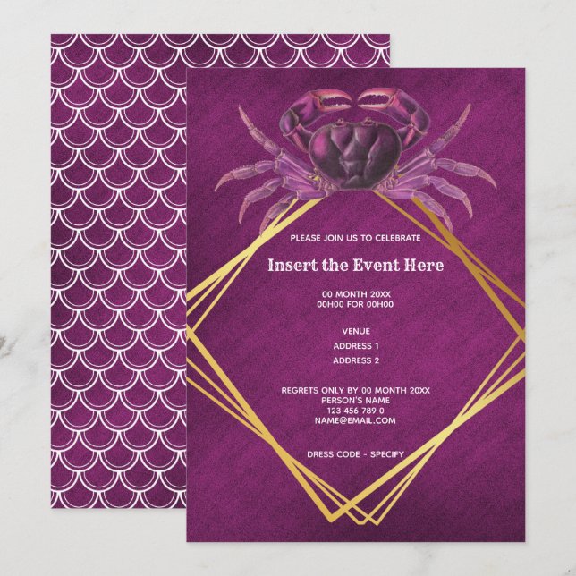 Crab magenta white geometric gold glitter marine invitation (Front/Back)