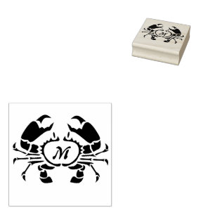Crab Monogram in a Black Stencil Style Rubber Stamp