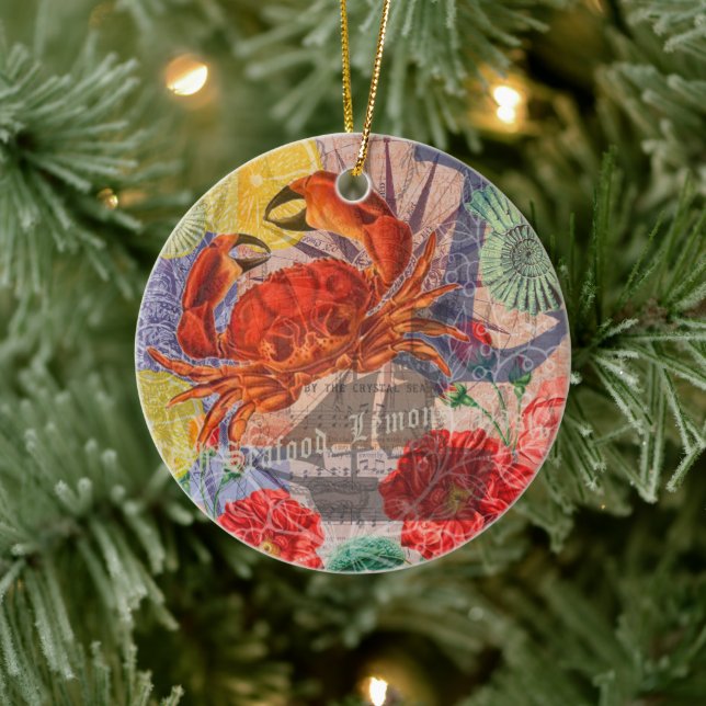 Crab Nautical Beach Seafood Art Ceramic Ornament (Tree)