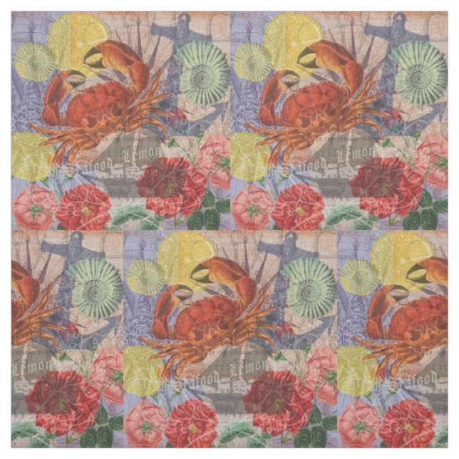 Crab Nautical Beach Seafood Art Fabric (Swatch)