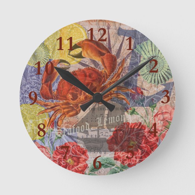 Crab Nautical Beach Seafood Art Round Clock (Front)