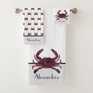 Crab Nautical Burgundy Maroon Red and Grey Bath To Bath Towel Set