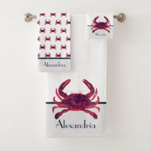 Crab Nautical Burgundy Maroon Red and Grey Bath To Bath Towel Set