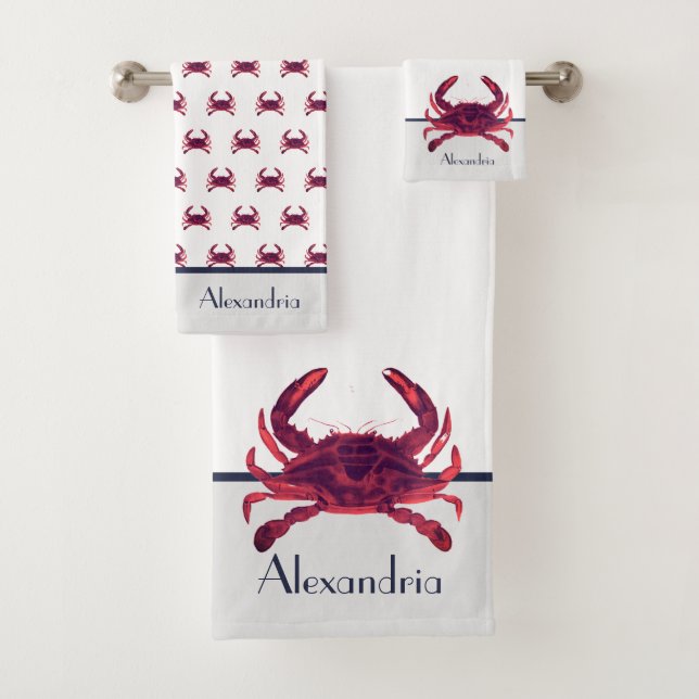 Crab Nautical Burgundy Maroon Red and Grey Bath To Bath Towel Set (Insitu)