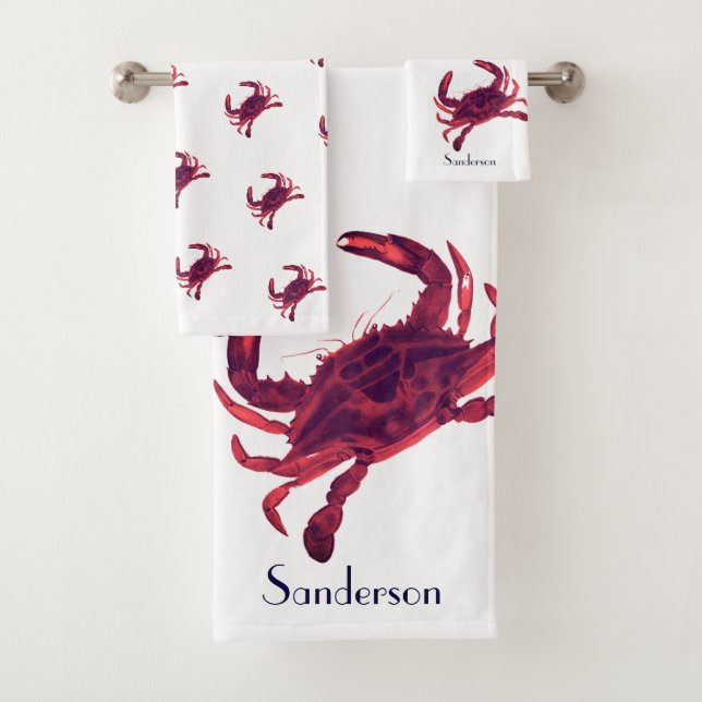 Crab Nautical Burgundy Maroon Red  Bath Towel Set (Insitu)