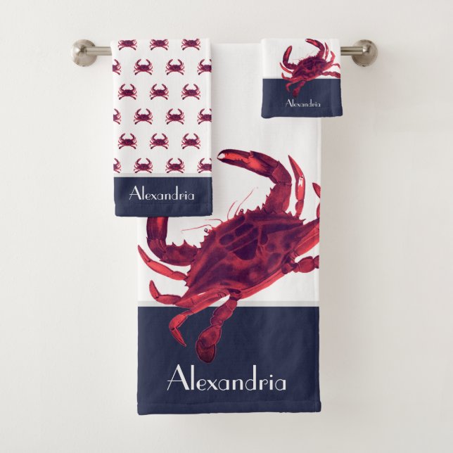 Crab Nautical Burgundy Maroon Red Grey Navy Blue Bath Towel Set (Insitu)