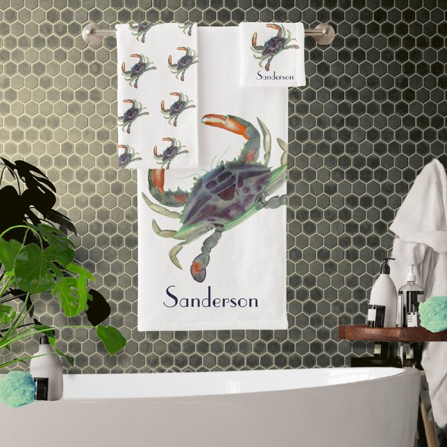 Crab Nautical Grey Blue and Green Bath Towel Set (Creator Uploaded)