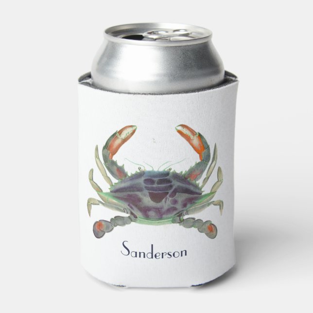 Crab Nautical Grey Blue and Green Can Cooler (Can Front)