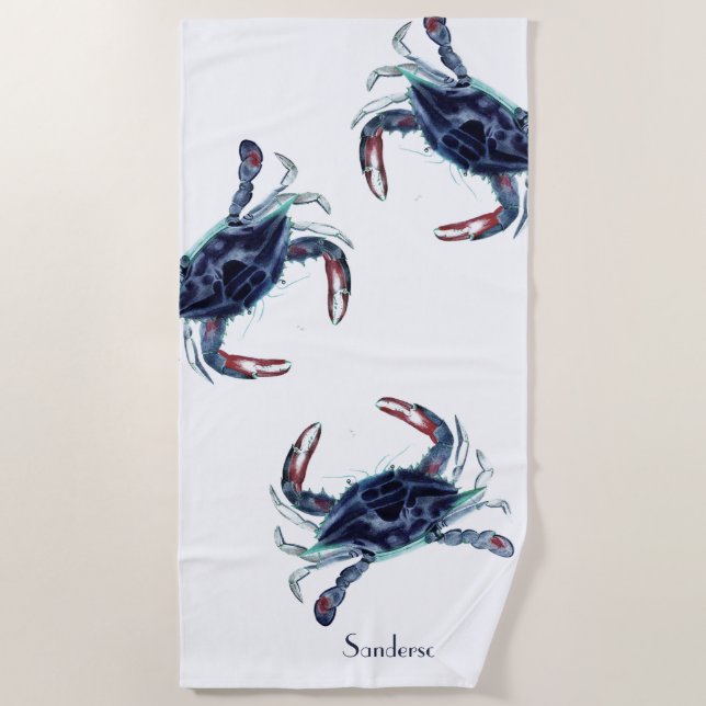 Crab Nautical Navy Blue and White Beach Towel (Front)